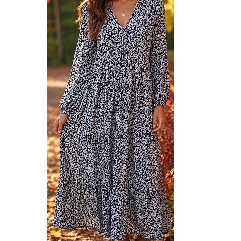 Faherty Navy Floral Ecovero Viscose Tiered Maxi Dress WDF2205-HEF Small